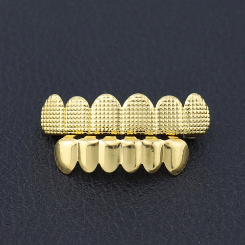 Hip Hop Koperen Tanden Grillz Getextureerde Raster Ontwerp Vergulde Tand Juwelen Voor Mannen Vrouwen Feest Boven Onder Tand Cover