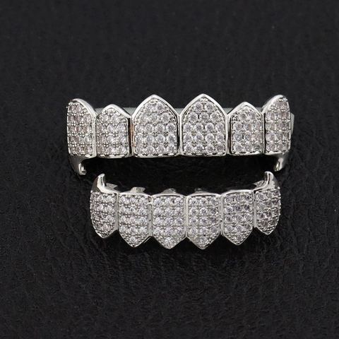Set Grillz Hip Hop Iced Out Strass Tappi per Denti Oro Argento Placcato Rame Gioielli Dentali per Uomini Donne Festa Accessorio