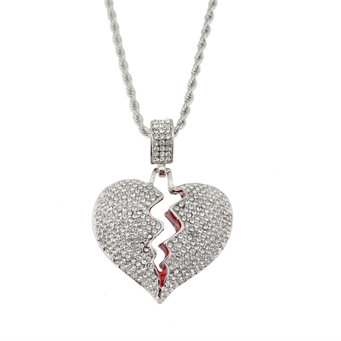 Collar con Colgante de Corazón Roto Hip Hop para Hombres Mujeres Iced Out Strass Aleación Corazón Cadena de Cuerda Joyería Regalo