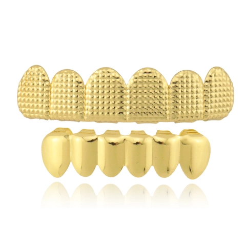 Hip Hop Koperen Tanden Grillz Getextureerde Raster Ontwerp Vergulde Tand Juwelen Voor Mannen Vrouwen Feest Boven Onder Tand Cover