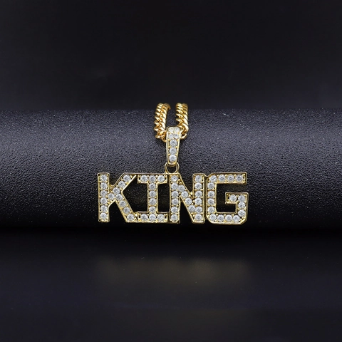 Collier Pendentif Lettre King Hip Hop en Alliage avec Strass Chaîne Gourmette Or Argent Bijoux de Cou Streetwear Homme