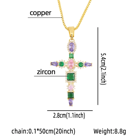 Luxurious Copper Multi Color Zirconia Cross Pendant Necklace Micro Pave Colorful Gemstone Hip Hop Jewelry For Women Men Gift