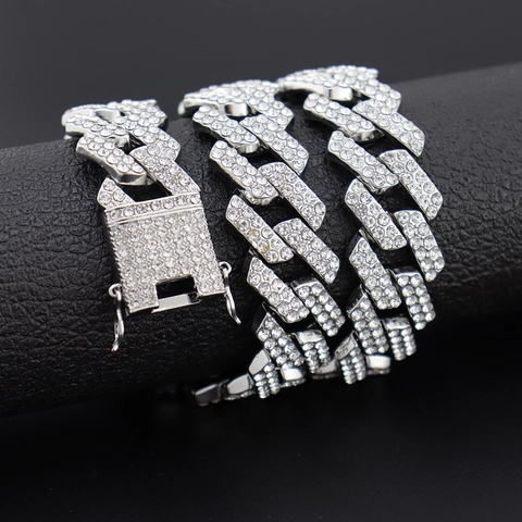Men Women Hip Hop Iced Out Cuban Link Chain Necklace Bracelet Alloy Full Rhinestone Thick Jewelry For Party Banquet