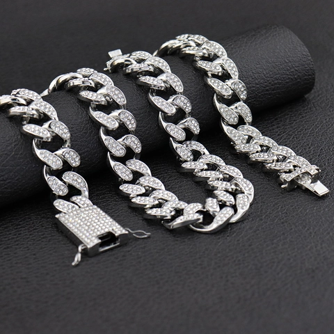 Hiphop Iced Out Cuban Link Necklace Bracelet For Men Women Alloy Rhinestone Chunky Chain Punk Street Party Jewelry Heavy Style