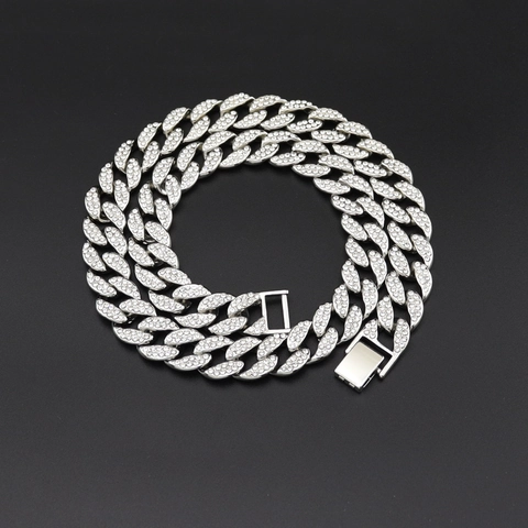 Hip Hop Miami Cuban Link Chain Necklace Bracelet Iced Out Pave Rhinestone Gold Silver Plated Alloy Fashion Jewelry For Men Women