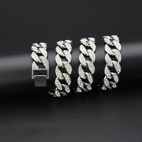 Hip Hop Miami Cuban Link Chain Necklace Bracelet Iced Out Pave Rhinestone Gold Silver Plated Alloy Fashion Jewelry For Men Women