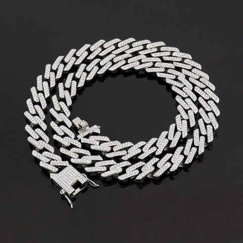 Lussuosa Collana a Maglia Cubana Iced Out da Uomo Hip Hop Rap in Lega di Zinco con Strass a Forma di Rombo Gioielli Streetwear Oro Argento
