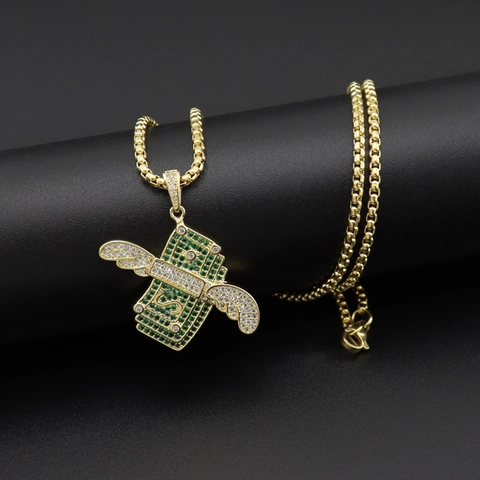 Collana con Pendente Ali di Denaro Volante Hip Hop per Uomo Donna Zirconia Lega Gioielli Bling Regalo per Rapper Party