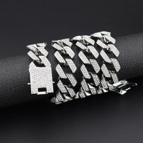 Herren Hip-Hop Iced Out Cuban-Gliederkette Halskette Armband Dicke Legierung Strass Rautenform Gold Silber Schmuck Geschenk