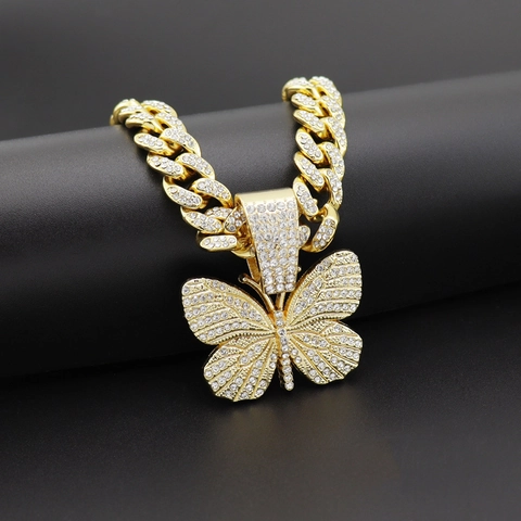 Collana con Pendente a Farfalla Hip Hop Iced Out per Uomo Donna Oro Argento Lega Strass Maglia Cubana Catena a Corda Gioielli