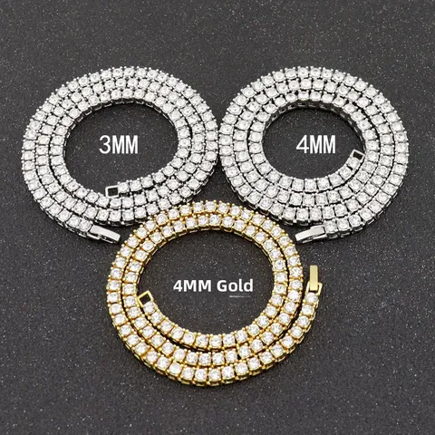 Hip Hop Single Row Rhinestone Tennis Chain Necklace For Men Women Alloy Shiny Bling Jewelry Gift