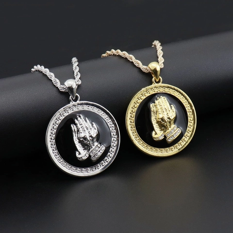 Hip Hop Praying Hands Pendant Necklace Alloy Rhinestone Greek Key Meander Border Black Enamel Rope Chain Jewelry For Men