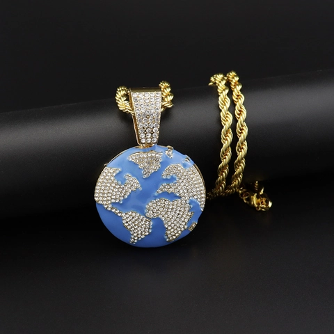 Collana con Pendente a Forma di Terra Mappa del Mondo Hip Hop in Lega con Strass Smalto Blu Oro Argento Catena Cuban Rope Tennis Gioielli Uomo Donna