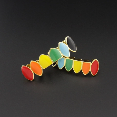 Set di Grillz per Denti in Smalto Arcobaleno Hip Hop Placcato Oro Argento Rame per Uomo Donna Cosplay Gioielli