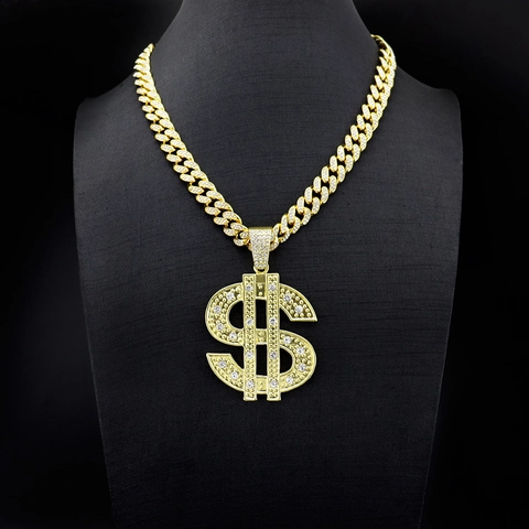 Hip Hop Legering Strass Dollar Teken Hanger Ketting Iced Out Geld Symbool Hanger Met Touw Cubaanse Ketting Sieraden