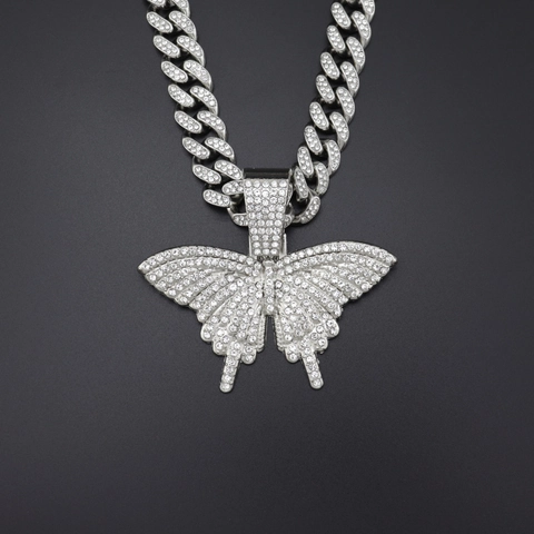 Collana con Ciondolo a Farfalla in Strass Lega di Zinco Hip Hop Catena Cubana a Corda Gioielli per Uomo Donna Festa Accessori