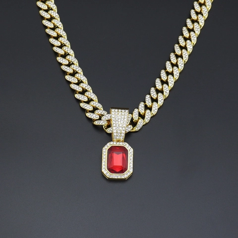 Collana con Pendente Rettangolare in Pietra Rossa Sintetica Hiphop Catena Cubana Oro Iced Out per Uomo Donna Gioielli Regalo
