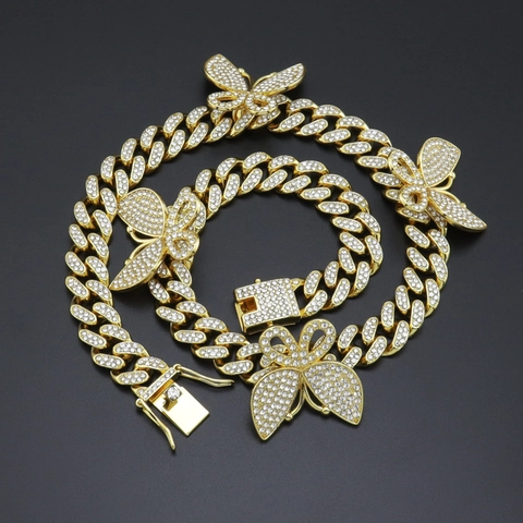 Collana Cuban Link a Farfalla Hip Hop Iced Out in Lega con Strass Gioielli per Uomo Donna Oro Argento Oro Rosa Choker