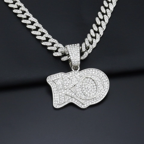 Hip Hop KO Letter Pendant Necklace Alloy Iced Out Rhinestone Pave Cuban Link Rope Chain Streetwear Fashion Jewelry Gift