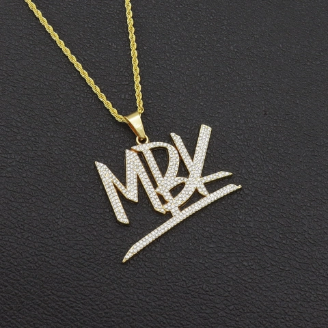 Collana con Ciondolo Lettera MBK Hip Hop Iced Out Lega Strass Oro Catena a Corda Gioielli per Uomo Donna Festa