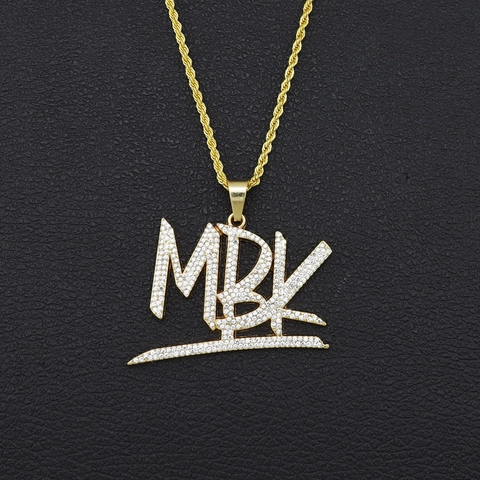 Collana con Ciondolo Lettera MBK Hip Hop Iced Out Lega Strass Oro Catena a Corda Gioielli per Uomo Donna Festa