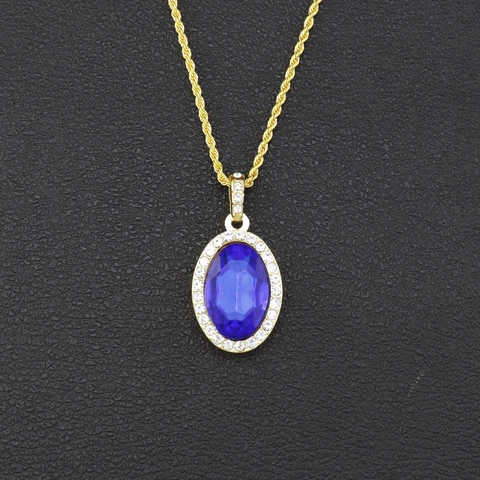 Collana con Pendente a Forma di Pietra Preziosa Blu Intarsiata con Strass Placcata in Oro Hip Hop Catena a Corda Gioielli Unisex