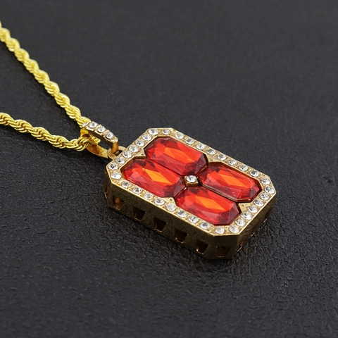 Collana con Ciondolo in Pietra Rossa Quadrata Hip Hop per Uomo Donna Gioielli di Moda in Lega Placcata Oro con Strass e Catena a Corda