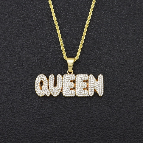 Collana Hip Hop Placcata Oro Lega con Ciondolo Lettera QUEEN con Strass per Donna Uomo Gioielli a Catena di Fune Esagerata