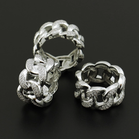 Anillo de Eslabón Cubano Hip Hop para Hombre Cobre Circonia Pavé Banda Ancha Color Plata Joyería de Moda para Fiesta Streetwear