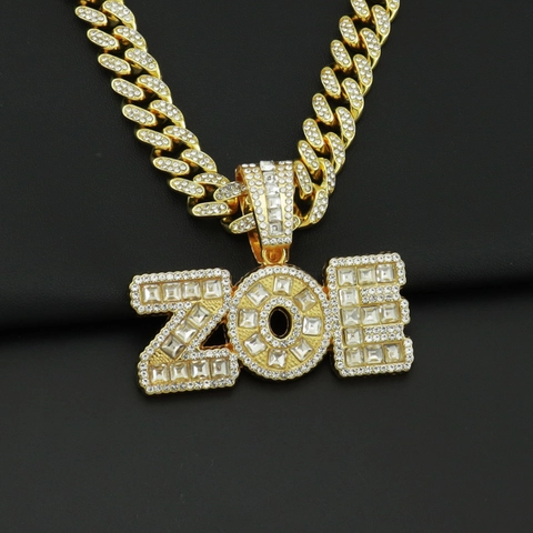 Iced Out Hip Hop Letter ZOE Pendant Necklace Alloy Rhinestone Cuban Link Chain Punk Style Fashion Jewelry For Men Women