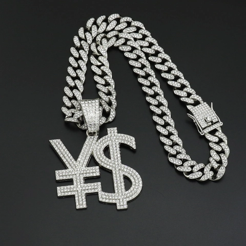 Hip Hop Iced Out Strass Valutasymbool Hanger Ketting Legering Dollar Yen Yuan Geldteken Sieraden Voor Mannen Vrouwen