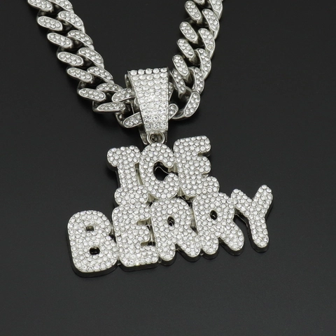 Collana Con Pendente a Lettera Ice Berry Hip Hop Gioielli in Lega Strass Catena Maglia Cubana Per Uomo Donna Oro Argento