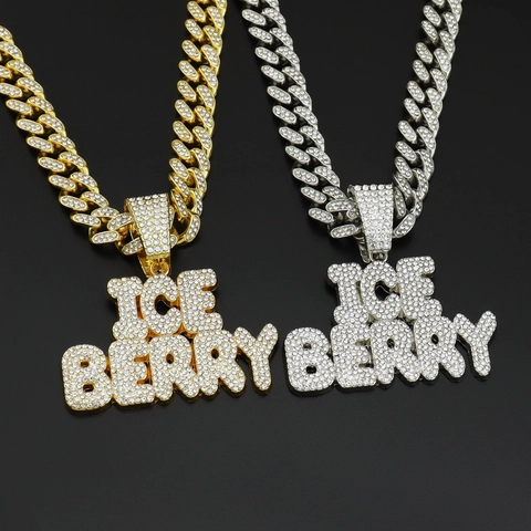 Collana Con Pendente a Lettera Ice Berry Hip Hop Gioielli in Lega Strass Catena Maglia Cubana Per Uomo Donna Oro Argento