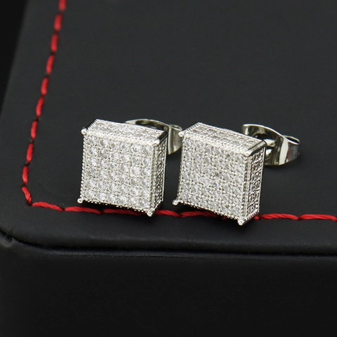 Orecchini a Bottone Hip Hop Iced Out Quadrati in Zirconia per Uomo Donna Gioielli per Orecchie Placcati in Oro Argento Rame