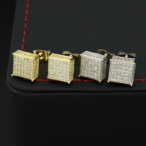 Orecchini a Bottone Hip Hop Iced Out Quadrati in Zirconia per Uomo Donna Gioielli per Orecchie Placcati in Oro Argento Rame