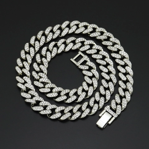 Collana Catena Maglia Cubana Hip Hop Iced Out in Lega con Strass Girocollo Spesso per Uomo Gioielli Moda Street Retro