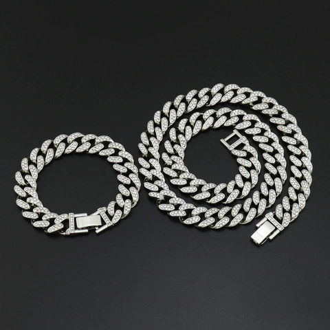 Collana Catena Maglia Cubana Hip Hop Iced Out in Lega con Strass Girocollo Spesso per Uomo Gioielli Moda Street Retro