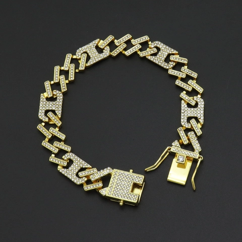 Pulsera de Eslabones Cubanos para Hombre Hip Hop en Aleación con Diamantes de Imitación Blancos Cadena Geométrica Joyería