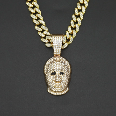 Hip Hop Gold Plated Alloy Mask Face Pendant Necklace For Men Pave White Black Rhinestones Iced Out Cuban Link Rope Chain Jewelry