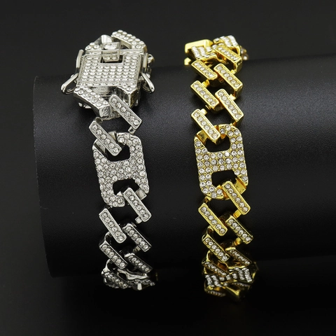 Pulsera de Eslabones Cubanos para Hombre Hip Hop en Aleación con Diamantes de Imitación Blancos Cadena Geométrica Joyería