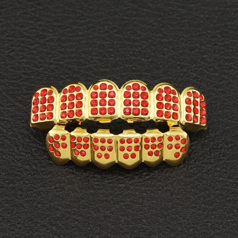 Hiphop Koper Goud Zilver Vergulde Rode Strass Tanden Grillz Boven En Onder Combinatie Punk Sieraden Voor Mannen Vrouwen Feest