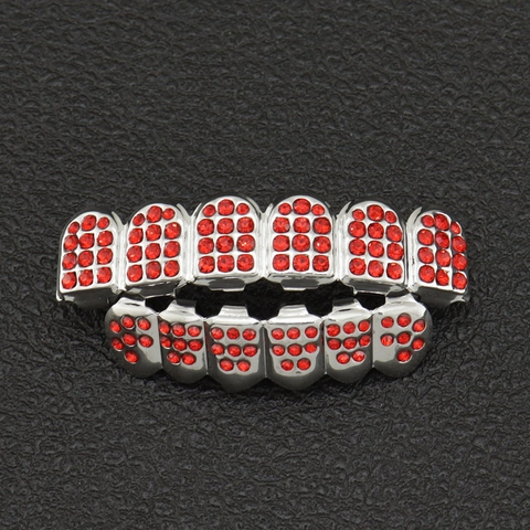 Hiphop Koper Goud Zilver Vergulde Rode Strass Tanden Grillz Boven En Onder Combinatie Punk Sieraden Voor Mannen Vrouwen Feest