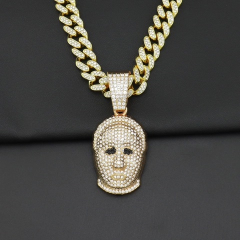 Hip Hop Gold Plated Alloy Mask Face Pendant Necklace For Men Pave White Black Rhinestones Iced Out Cuban Link Rope Chain Jewelry