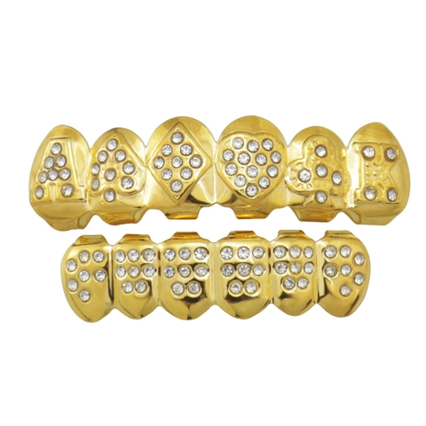 Hip Hop Grillz Copper Rhinestone Poker Spade Heart Club Diamond Letter A K Top And Bottom Teeth Grills For Men Women Jewelry