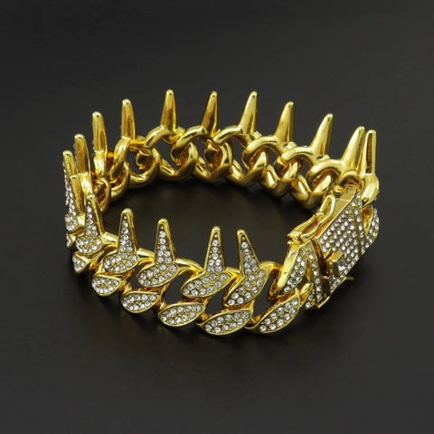 Bracciale da Uomo Hip Hop con Maglia Cubana e Spilli in Lega con Strass Iced Out Gioielli Punk Rock Oro Argento Stile Party