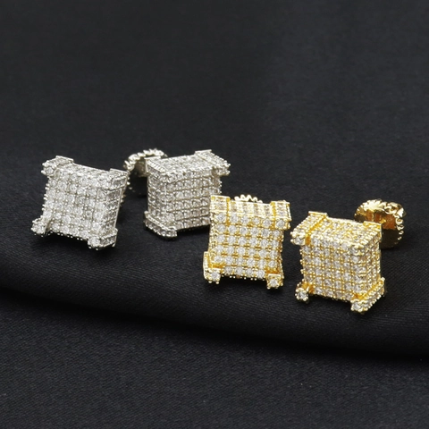 Orecchini a Lobo Hip Hop Iced Out Cubo Quadrato in Rame AAA Zirconia Pavé Chiusura a Vite Oro Argento Gioielli Uomo Donna