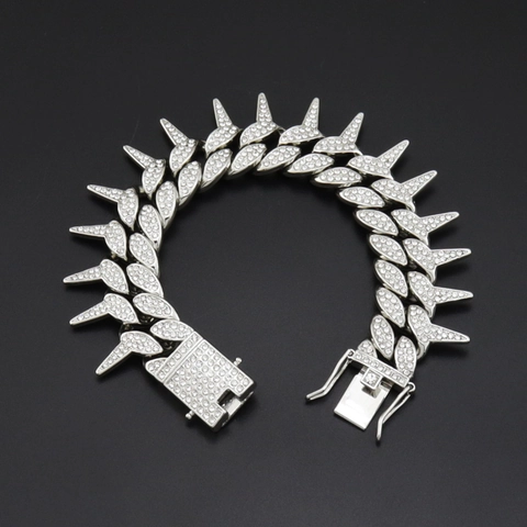 Bracciale da Uomo Hip Hop con Maglia Cubana e Spilli in Lega con Strass Iced Out Gioielli Punk Rock Oro Argento Stile Party