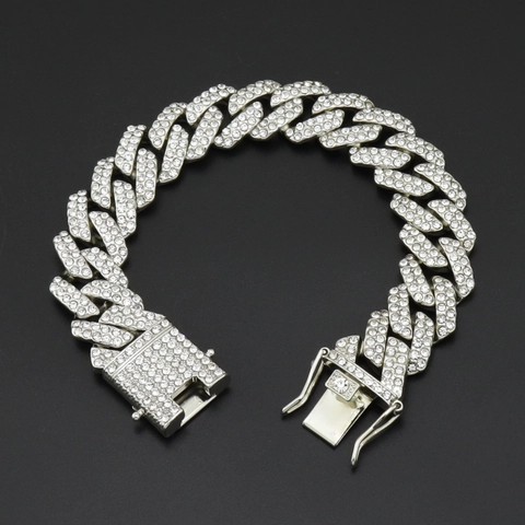 Bracciale da Uomo Hip Hop Iced Out Maglia Cubana Lusso Lega Strass Oro E Argento Catena Larga per Gioielli da Uomo