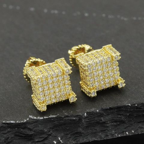 Orecchini a Lobo Hip Hop Iced Out Cubo Quadrato in Rame AAA Zirconia Pavé Chiusura a Vite Oro Argento Gioielli Uomo Donna