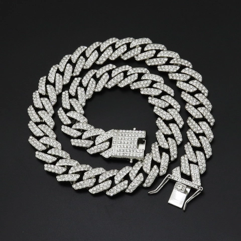Collier Chaîne Maille Gourmette Glacée Alliage Zircone Large Hip Hop Hommes Streetwear Bijoux Accessoires Fête